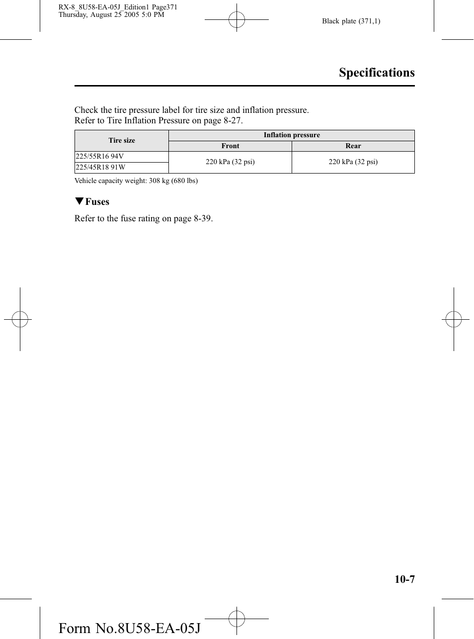 Specifications | Mazda 2006 RX-8 User Manual | Page 371 / 434