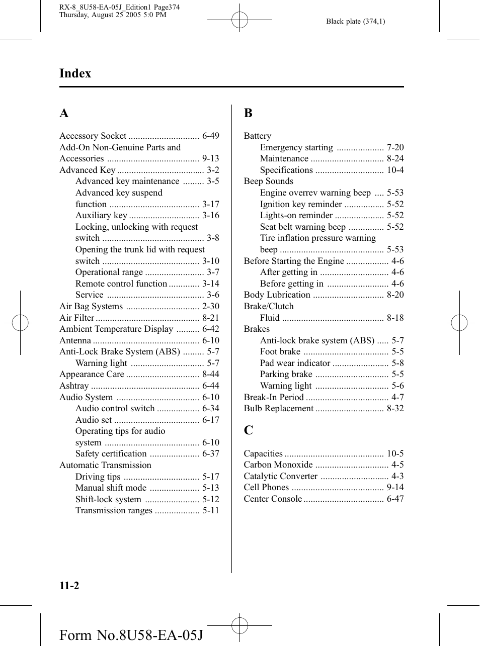 Index | Mazda 2006 RX-8 User Manual | Page 374 / 434