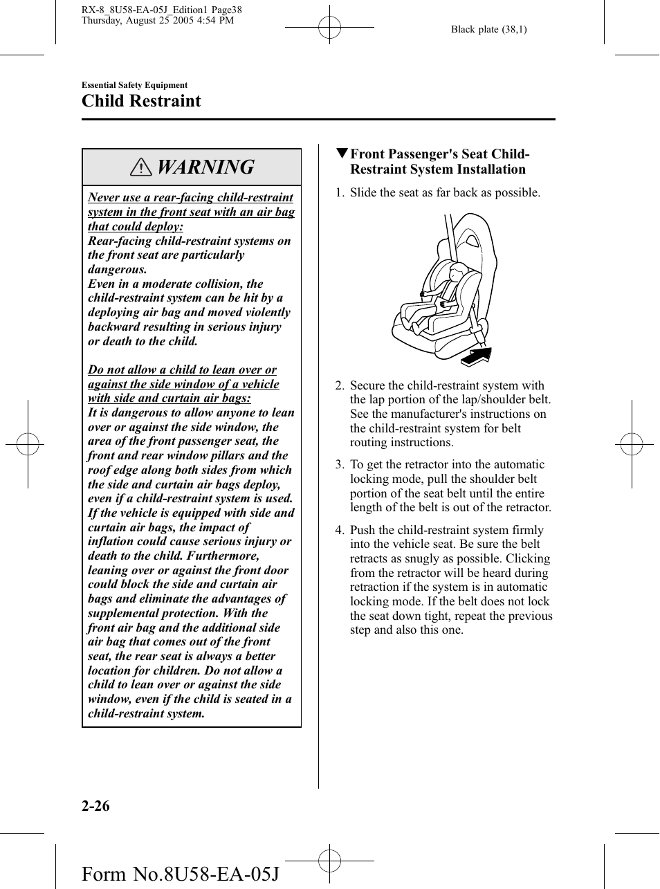 Warning, Child restraint | Mazda 2006 RX-8 User Manual | Page 38 / 434