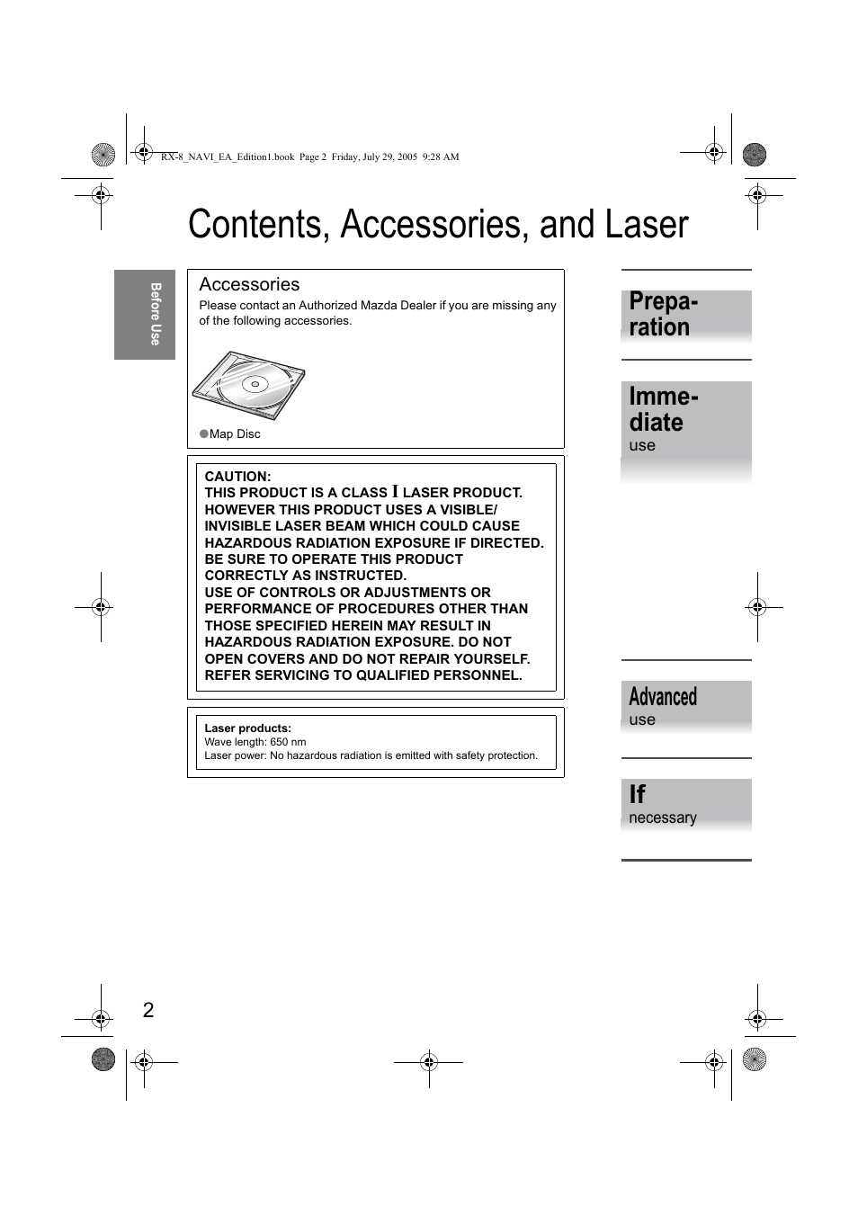 Rqwhqwv $ffhvvrulhv dqg /dvhu, 3uhsd udwlrq ,pph gldwh, Gydqfhg | Mazda 2006 RX-8 User Manual | Page 382 / 434