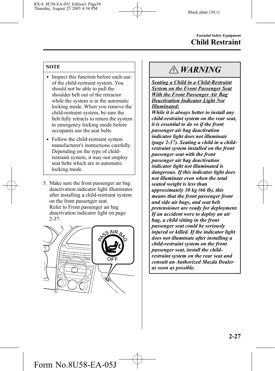 Warning, Child restraint | Mazda 2006 RX-8 User Manual | Page 39 / 434