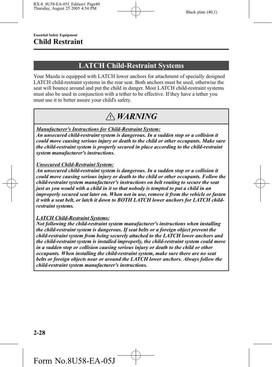 Latch child-restraint systems, Latch child-restraint systems -28, Warning | Child restraint | Mazda 2006 RX-8 User Manual | Page 40 / 434