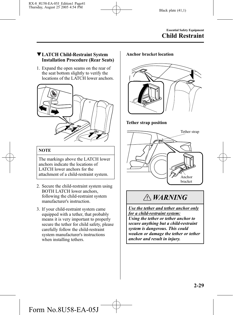 Warning, Child restraint | Mazda 2006 RX-8 User Manual | Page 41 / 434