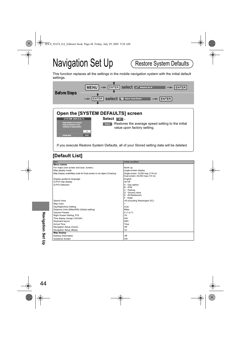 1dyljdwlrq 6hw 8s, 5hvwruh 6\vwhp 'hidxowv, Hidxow /lvw | Hiruh6whsv vhohfw vhohfw, Menu, 1dy ljdwlrq6 hw8s, 6hohfw | Mazda 2006 RX-8 User Manual | Page 424 / 434