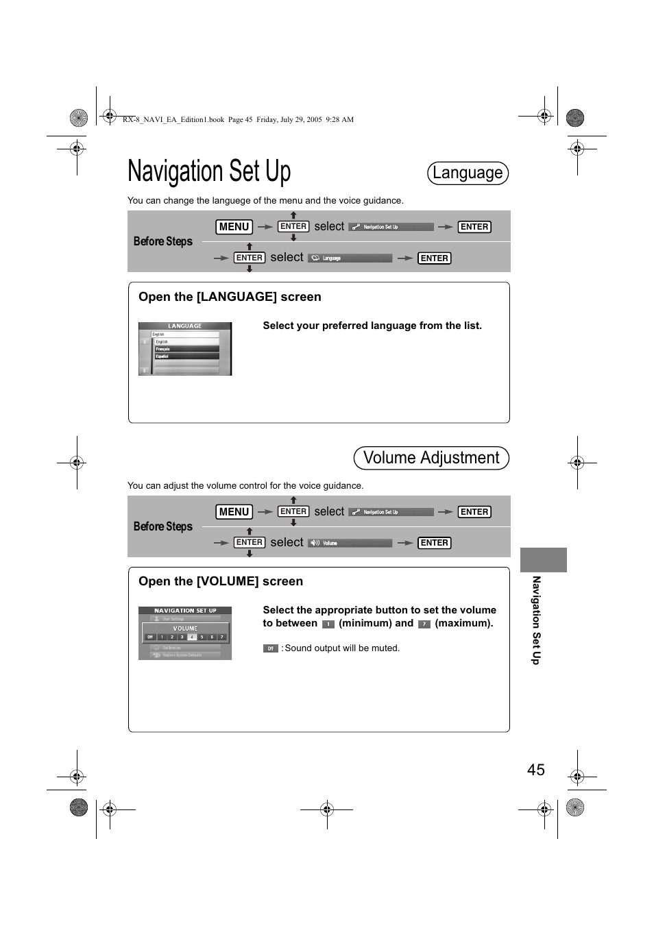 1dyljdwlrq 6hw 8s, Dqjxdjh, 9roxph $gmxvwphqw | Mazda 2006 RX-8 User Manual | Page 425 / 434