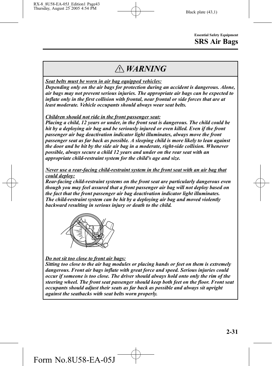 Warning, Srs air bags | Mazda 2006 RX-8 User Manual | Page 43 / 434
