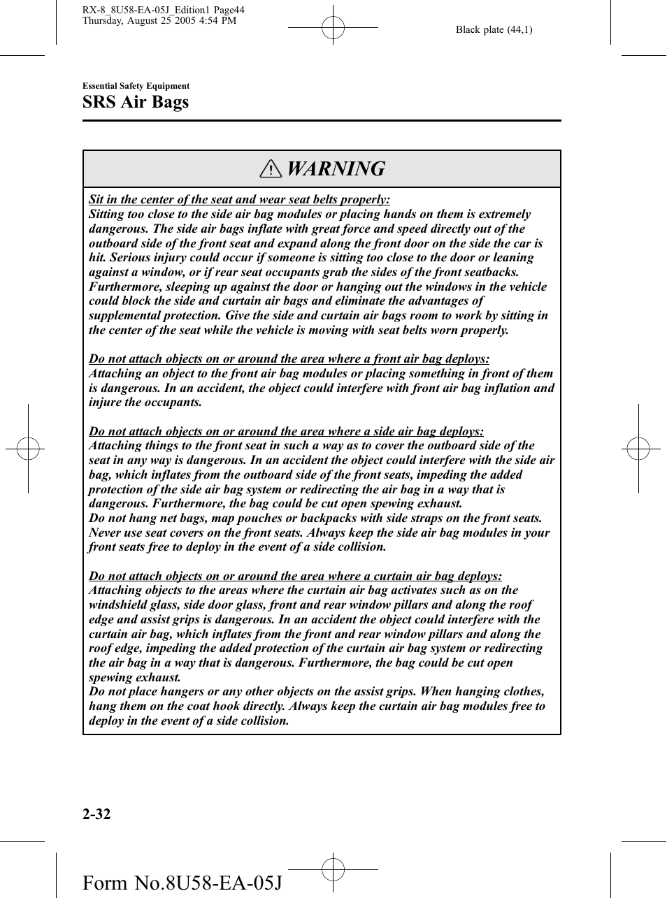 Warning, Srs air bags | Mazda 2006 RX-8 User Manual | Page 44 / 434