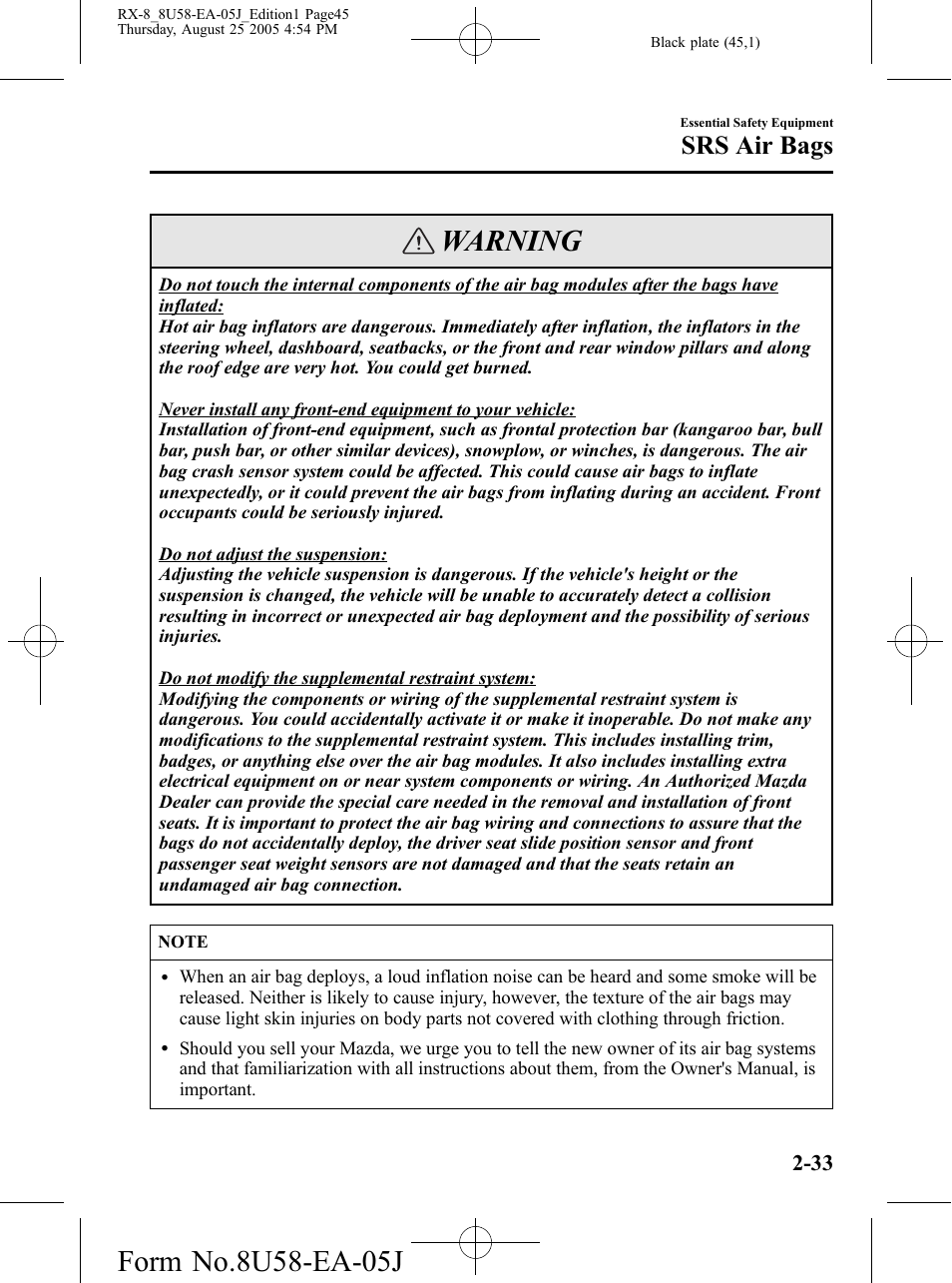 Warning, Srs air bags | Mazda 2006 RX-8 User Manual | Page 45 / 434