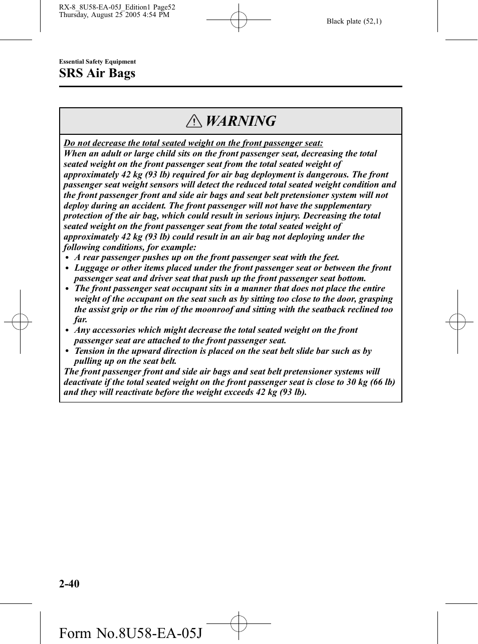 Warning, Srs air bags | Mazda 2006 RX-8 User Manual | Page 52 / 434