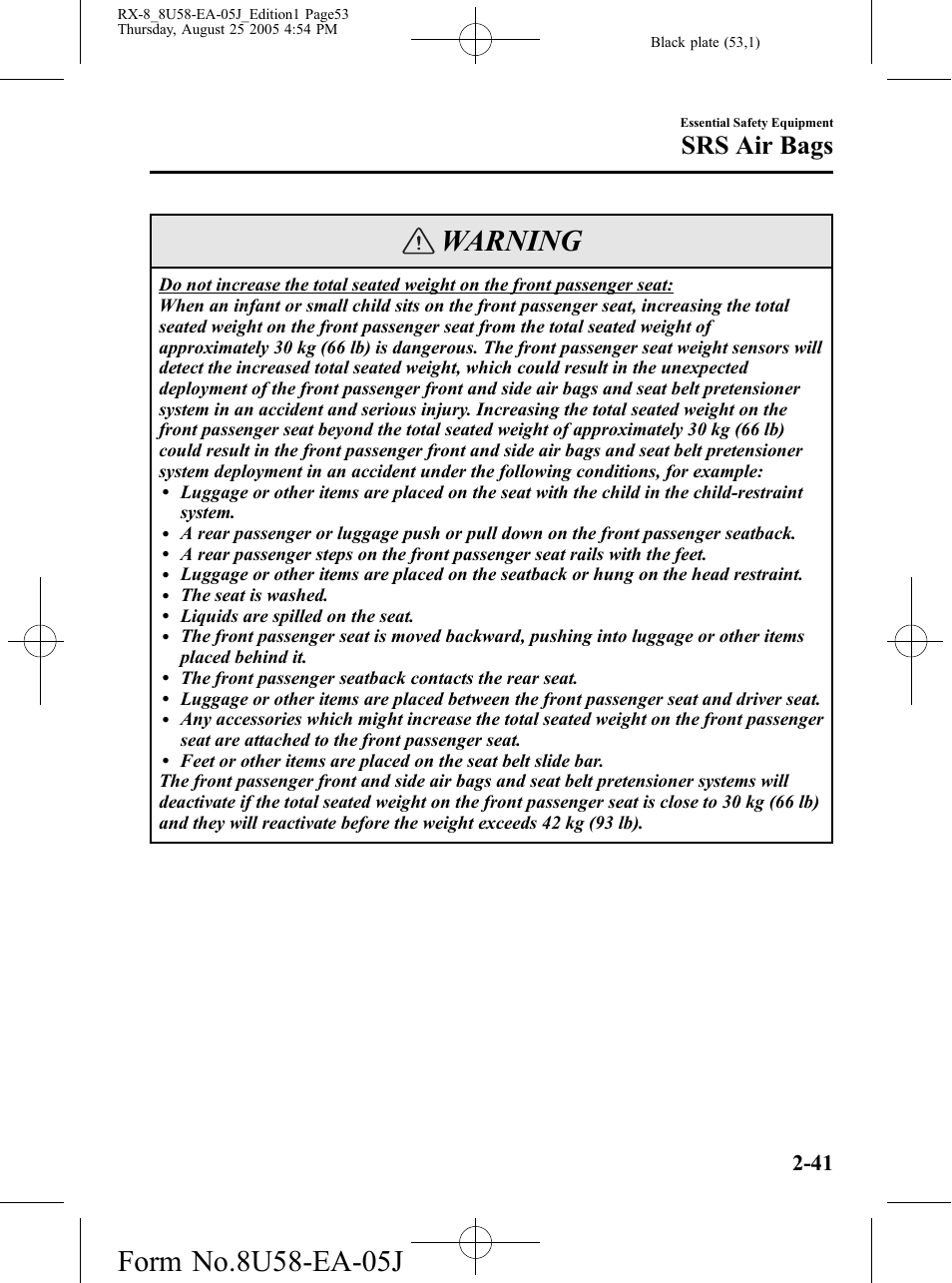 Warning, Srs air bags | Mazda 2006 RX-8 User Manual | Page 53 / 434