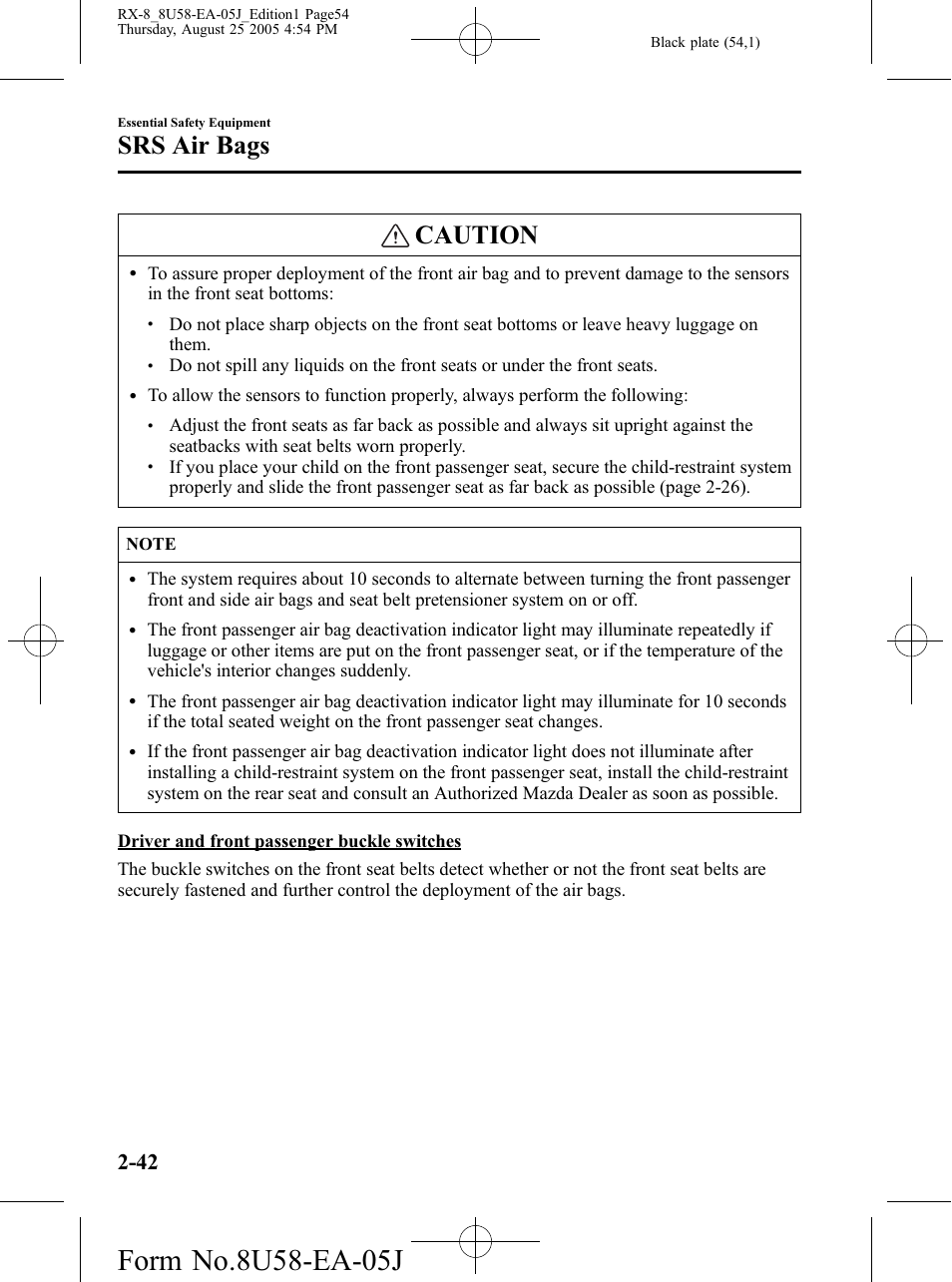 Caution, Srs air bags | Mazda 2006 RX-8 User Manual | Page 54 / 434