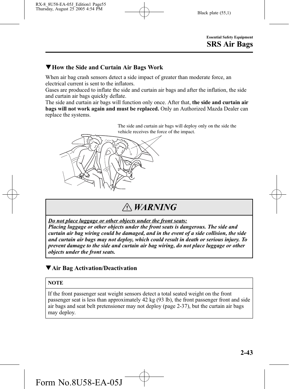 Warning, Srs air bags | Mazda 2006 RX-8 User Manual | Page 55 / 434