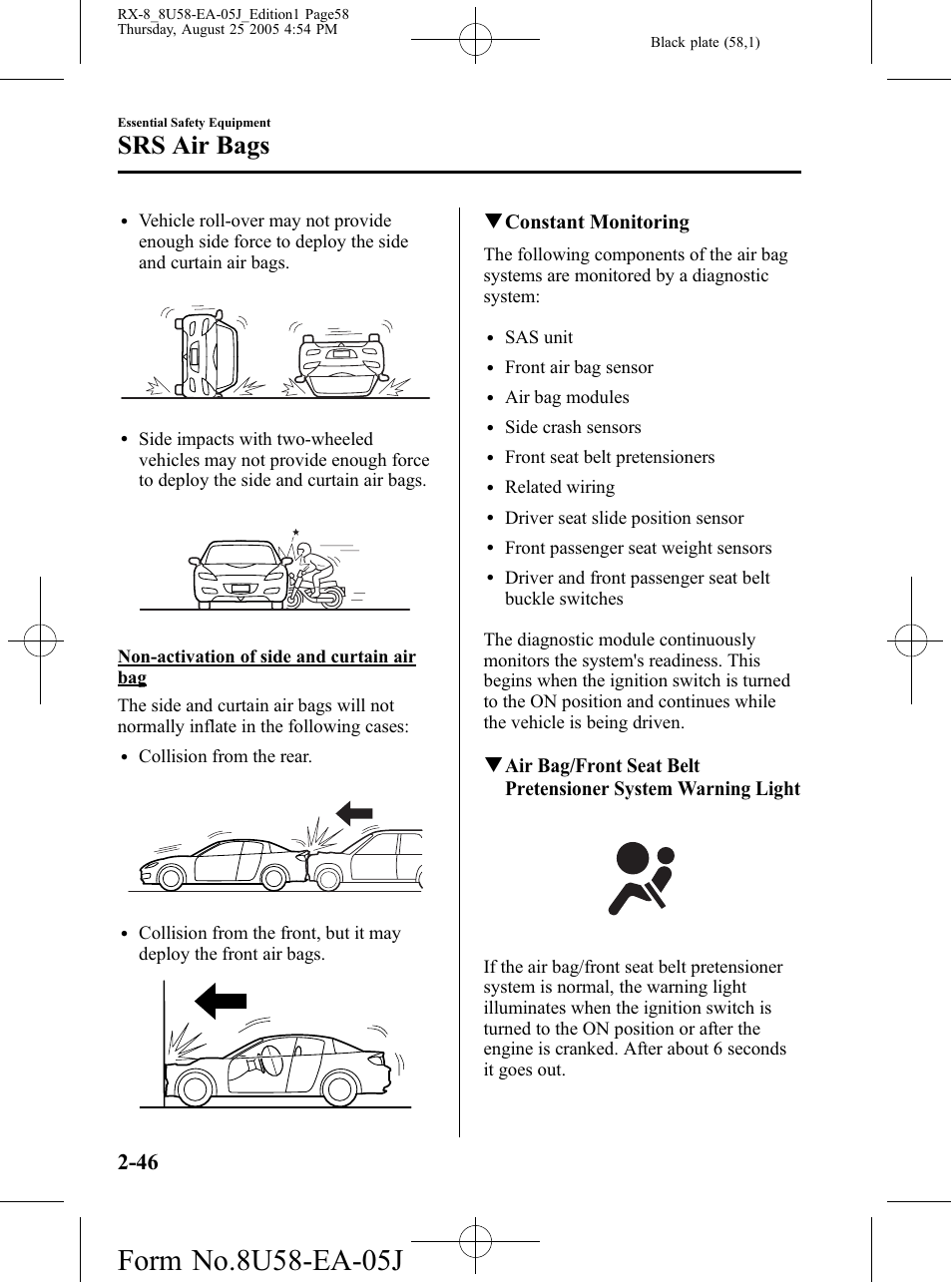 Srs air bags, Qconstant monitoring | Mazda 2006 RX-8 User Manual | Page 58 / 434