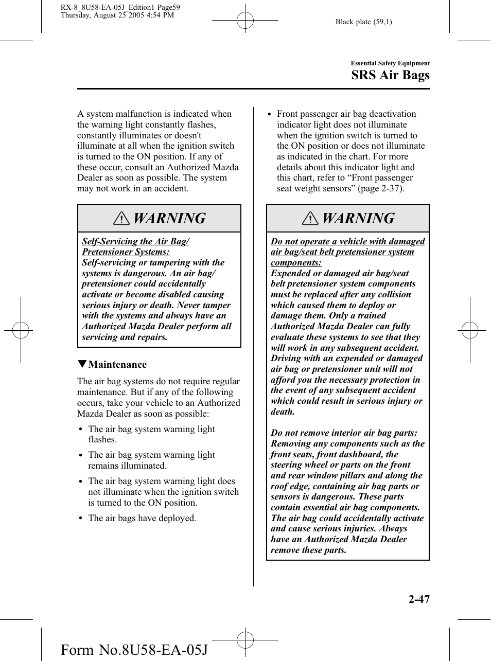 Warning, Srs air bags | Mazda 2006 RX-8 User Manual | Page 59 / 434