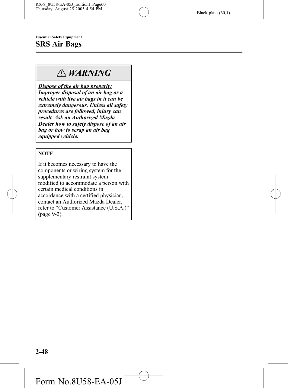 Warning, Srs air bags | Mazda 2006 RX-8 User Manual | Page 60 / 434