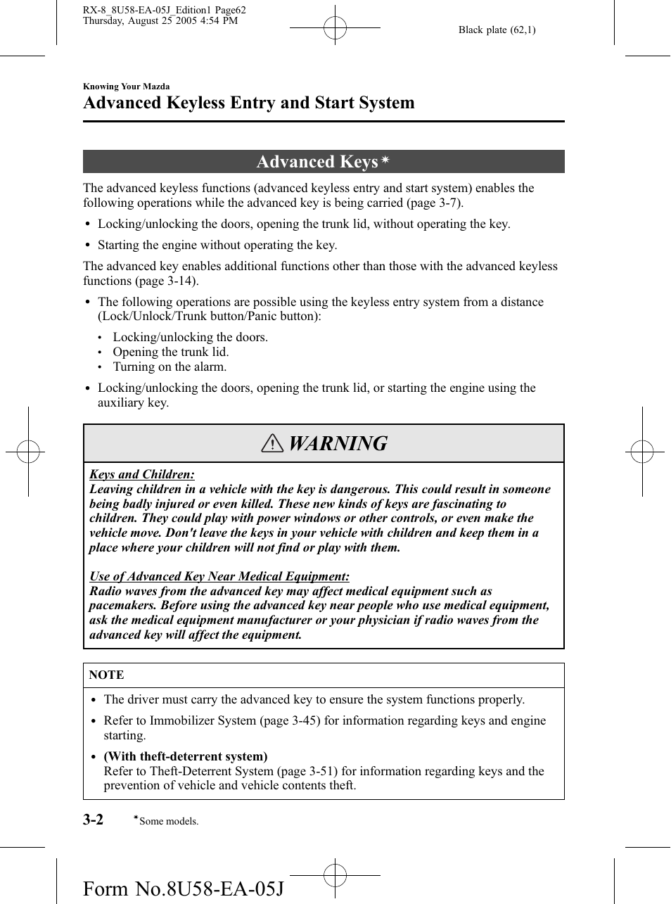 Advanced keyless entry and start system, Advanced keys, Advanced keyless entry and start system -2 | Warning | Mazda 2006 RX-8 User Manual | Page 62 / 434