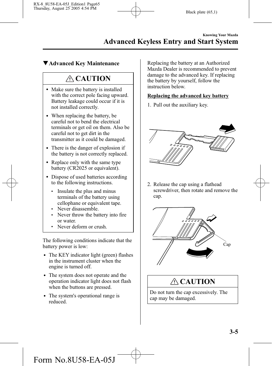 Caution, Advanced keyless entry and start system, Qadvanced key maintenance | Mazda 2006 RX-8 User Manual | Page 65 / 434