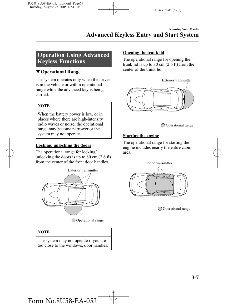 Operation using advanced keyless functions, Operation using advanced keyless functions -7, Advanced keyless entry and start system | Mazda 2006 RX-8 User Manual | Page 67 / 434