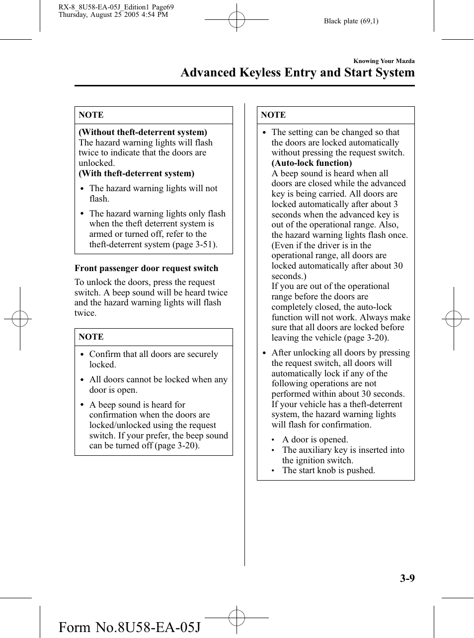 Advanced keyless entry and start system | Mazda 2006 RX-8 User Manual | Page 69 / 434