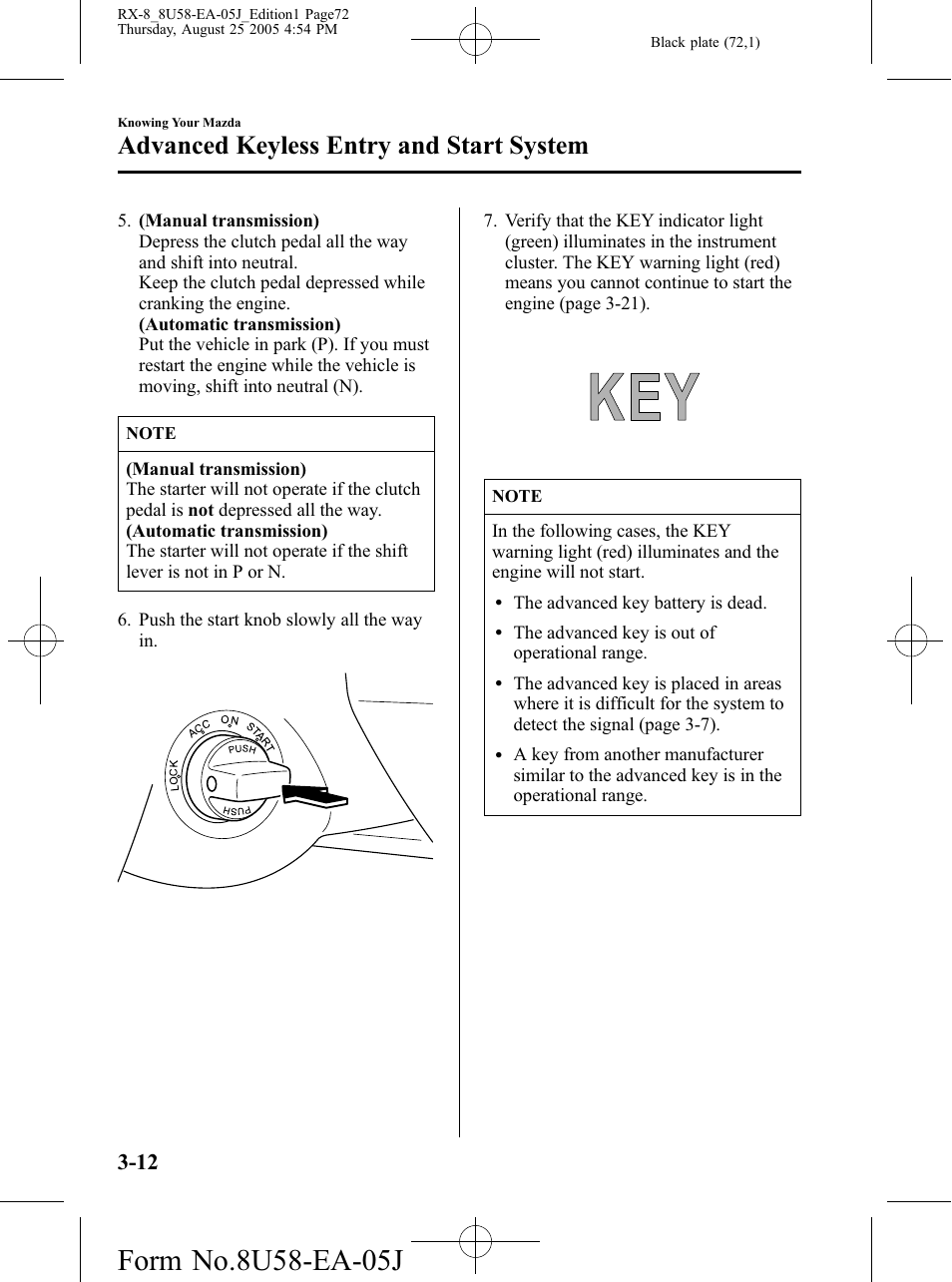 Advanced keyless entry and start system | Mazda 2006 RX-8 User Manual | Page 72 / 434