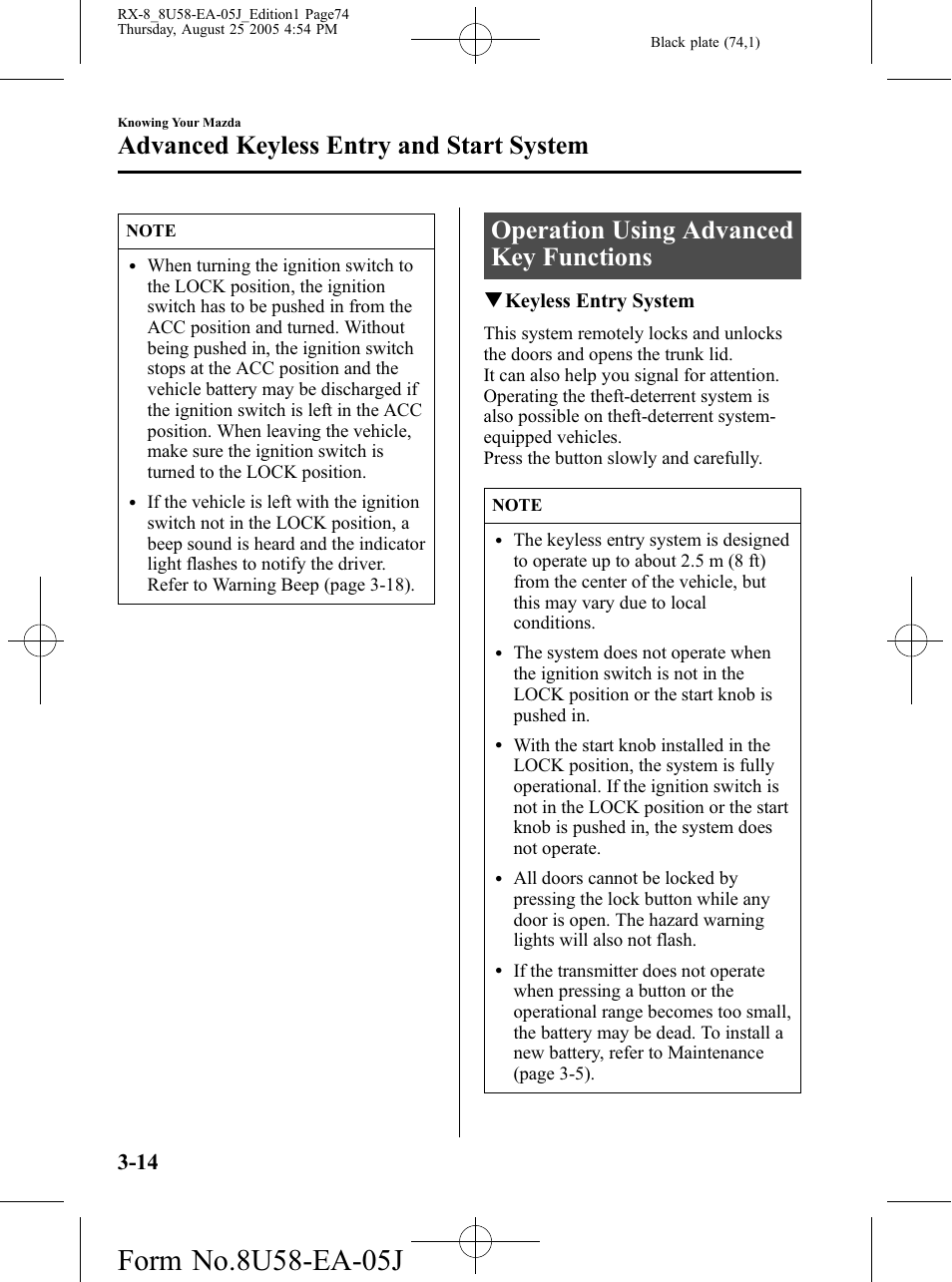 Operation using advanced key functions, Operation using advanced key functions -14, Advanced keyless entry and start system | Qkeyless entry system | Mazda 2006 RX-8 User Manual | Page 74 / 434