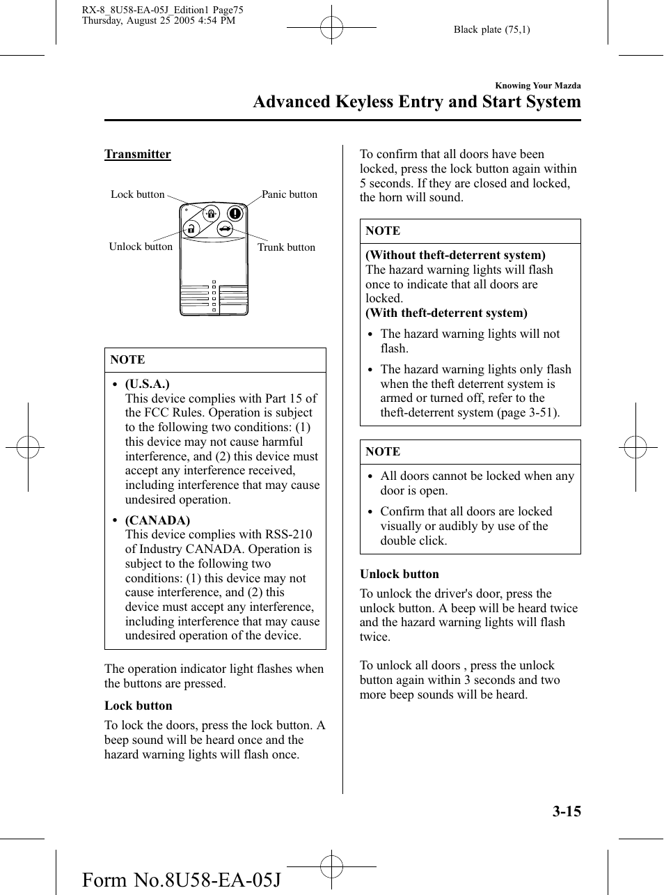 Advanced keyless entry and start system | Mazda 2006 RX-8 User Manual | Page 75 / 434