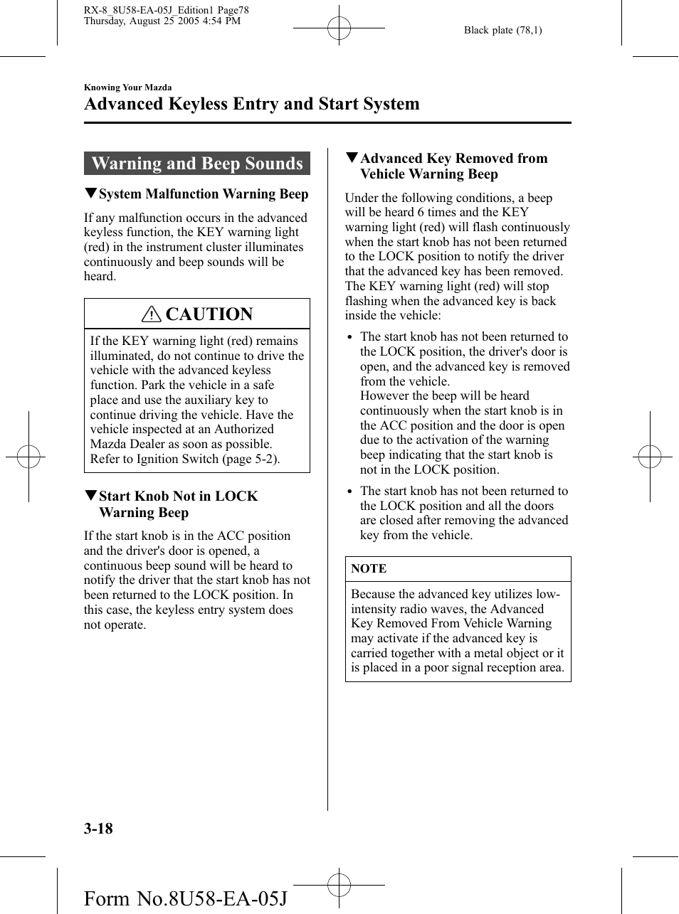 Warning and beep sounds, Warning and beep sounds -18, Caution | Advanced keyless entry and start system | Mazda 2006 RX-8 User Manual | Page 78 / 434