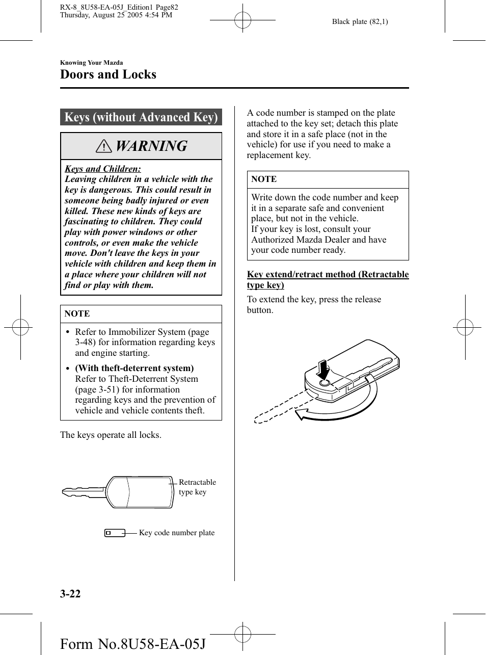 Doors and locks, Keys (without advanced key), Doors and locks -22 | Keys (without advanced key) -22, Warning | Mazda 2006 RX-8 User Manual | Page 82 / 434