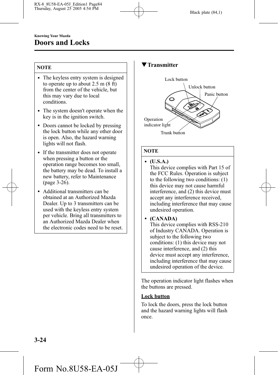 Doors and locks, Qtransmitter | Mazda 2006 RX-8 User Manual | Page 84 / 434