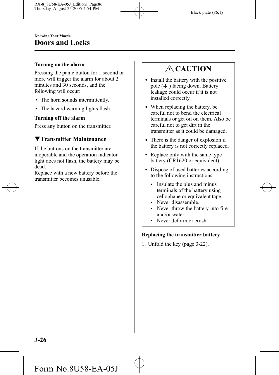 Caution, Doors and locks, Qtransmitter maintenance | Mazda 2006 RX-8 User Manual | Page 86 / 434