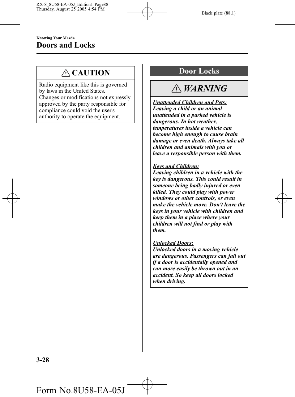 Door locks, Door locks -28, Warning | Caution, Doors and locks | Mazda 2006 RX-8 User Manual | Page 88 / 434