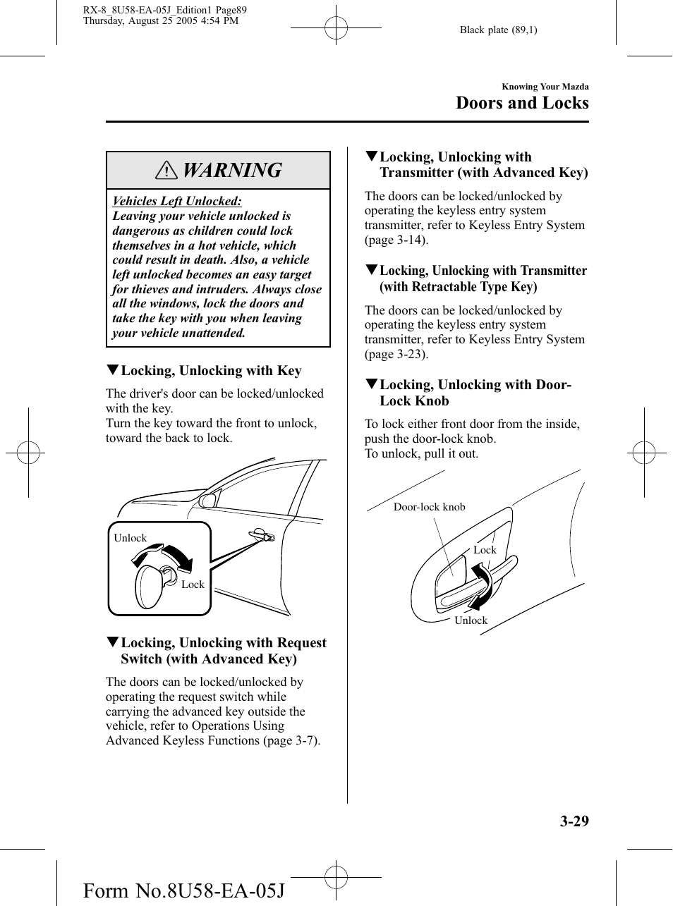 Warning, Doors and locks | Mazda 2006 RX-8 User Manual | Page 89 / 434