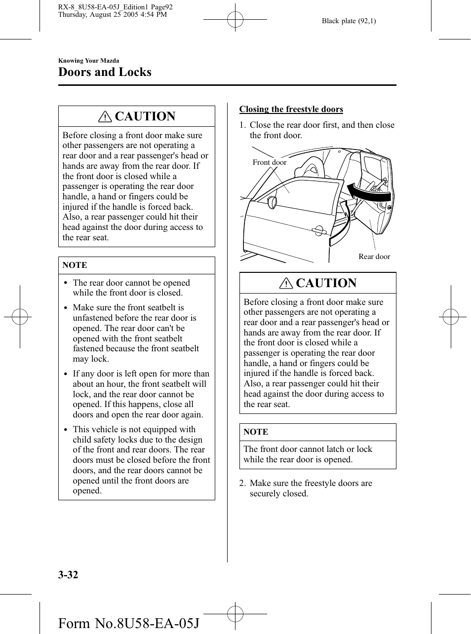 Caution, Doors and locks | Mazda 2006 RX-8 User Manual | Page 92 / 434