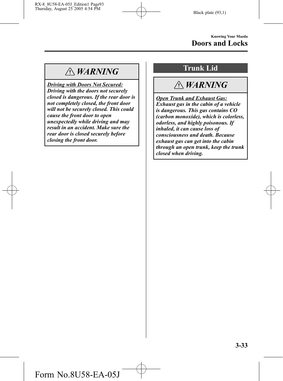 Trunk lid, Trunk lid -33, Warning | Doors and locks | Mazda 2006 RX-8 User Manual | Page 93 / 434