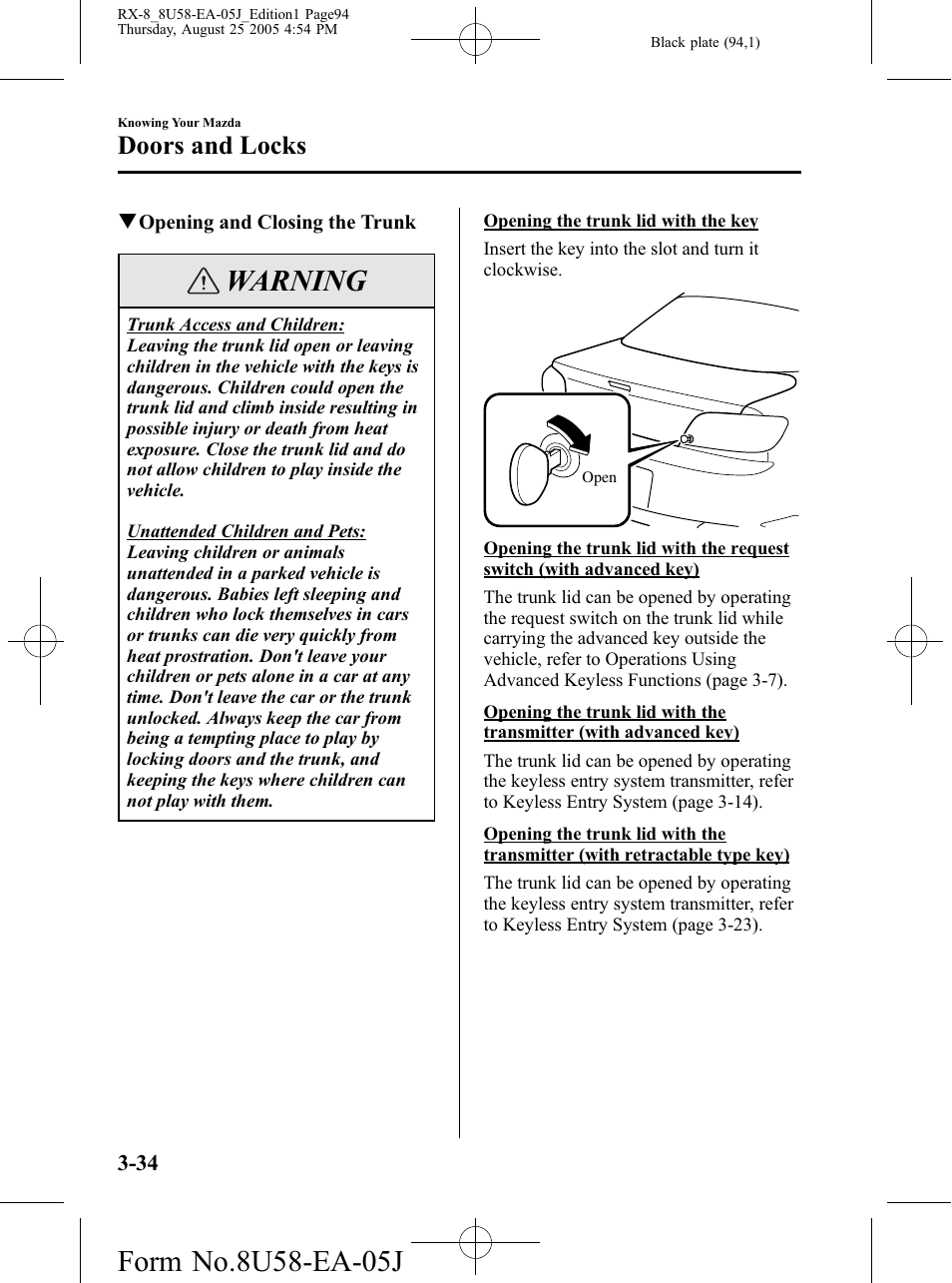 Warning, Doors and locks | Mazda 2006 RX-8 User Manual | Page 94 / 434