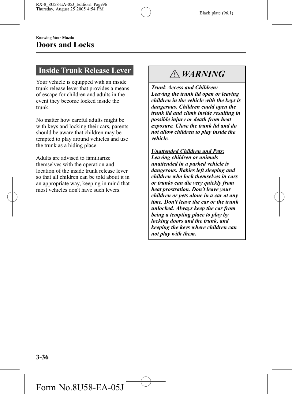 Inside trunk release lever, Inside trunk release lever -36, Warning | Doors and locks | Mazda 2006 RX-8 User Manual | Page 96 / 434