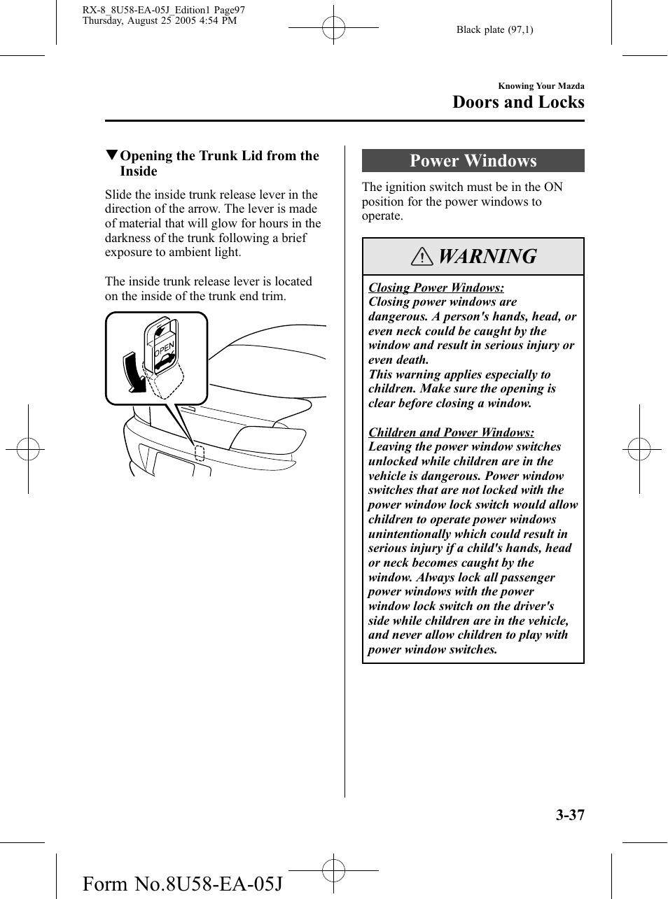 Power windows, Power windows -37, Warning | Doors and locks | Mazda 2006 RX-8 User Manual | Page 97 / 434