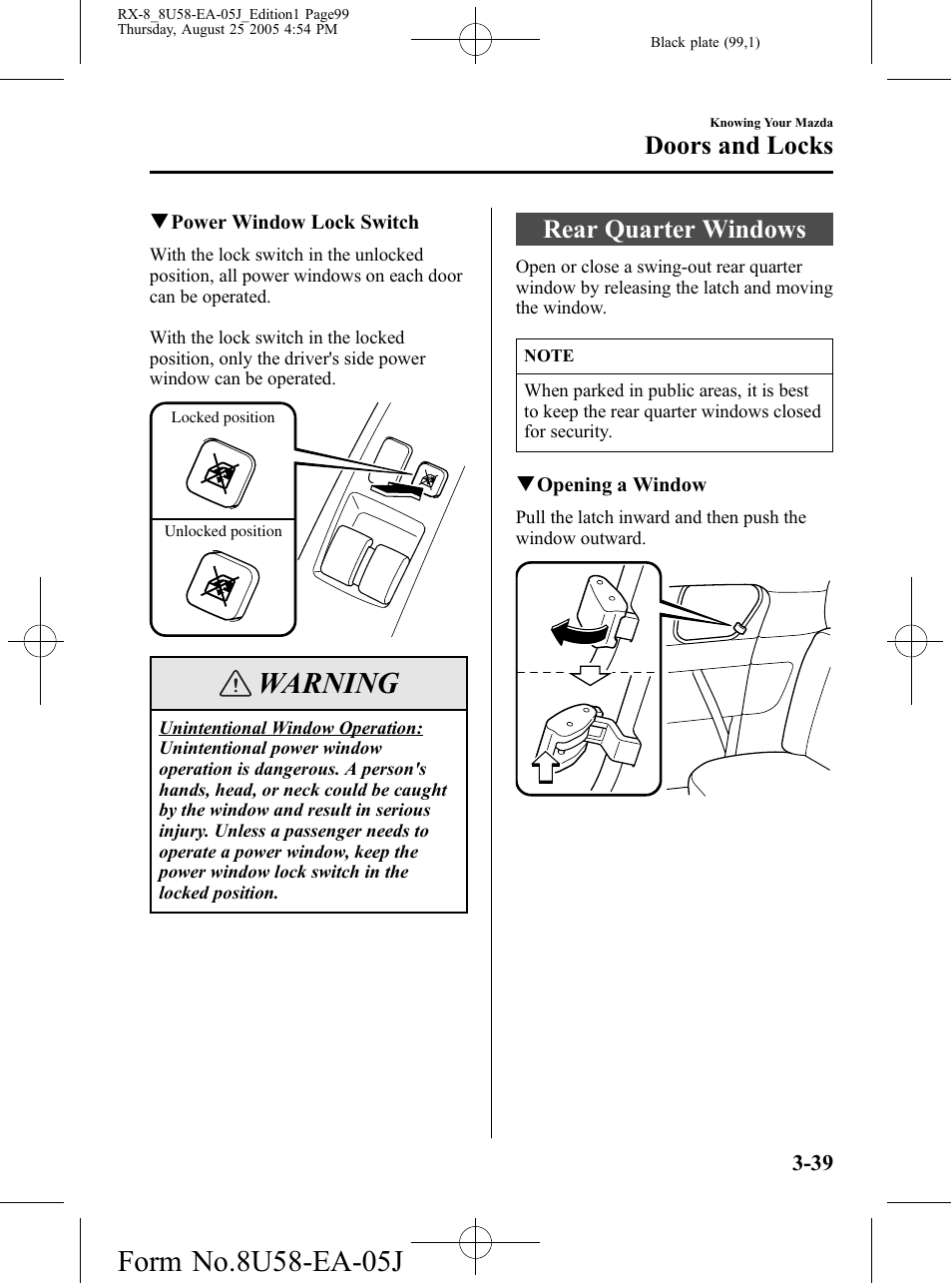 Rear quarter windows, Rear quarter windows -39, Warning | Doors and locks | Mazda 2006 RX-8 User Manual | Page 99 / 434