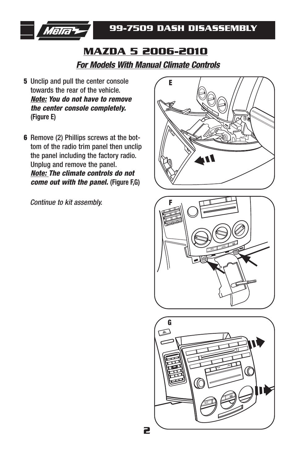 7509 dash disassembly, For models with manual climate controls | Mazda 99-7509 User Manual | Page 4 / 12