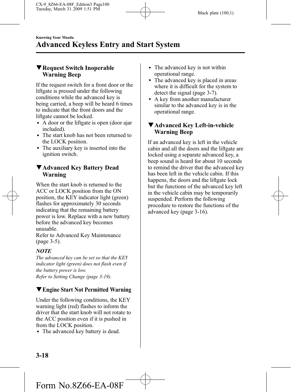 Advanced keyless entry and start system | Mazda 2009 CX-9 User Manual | Page 100 / 538