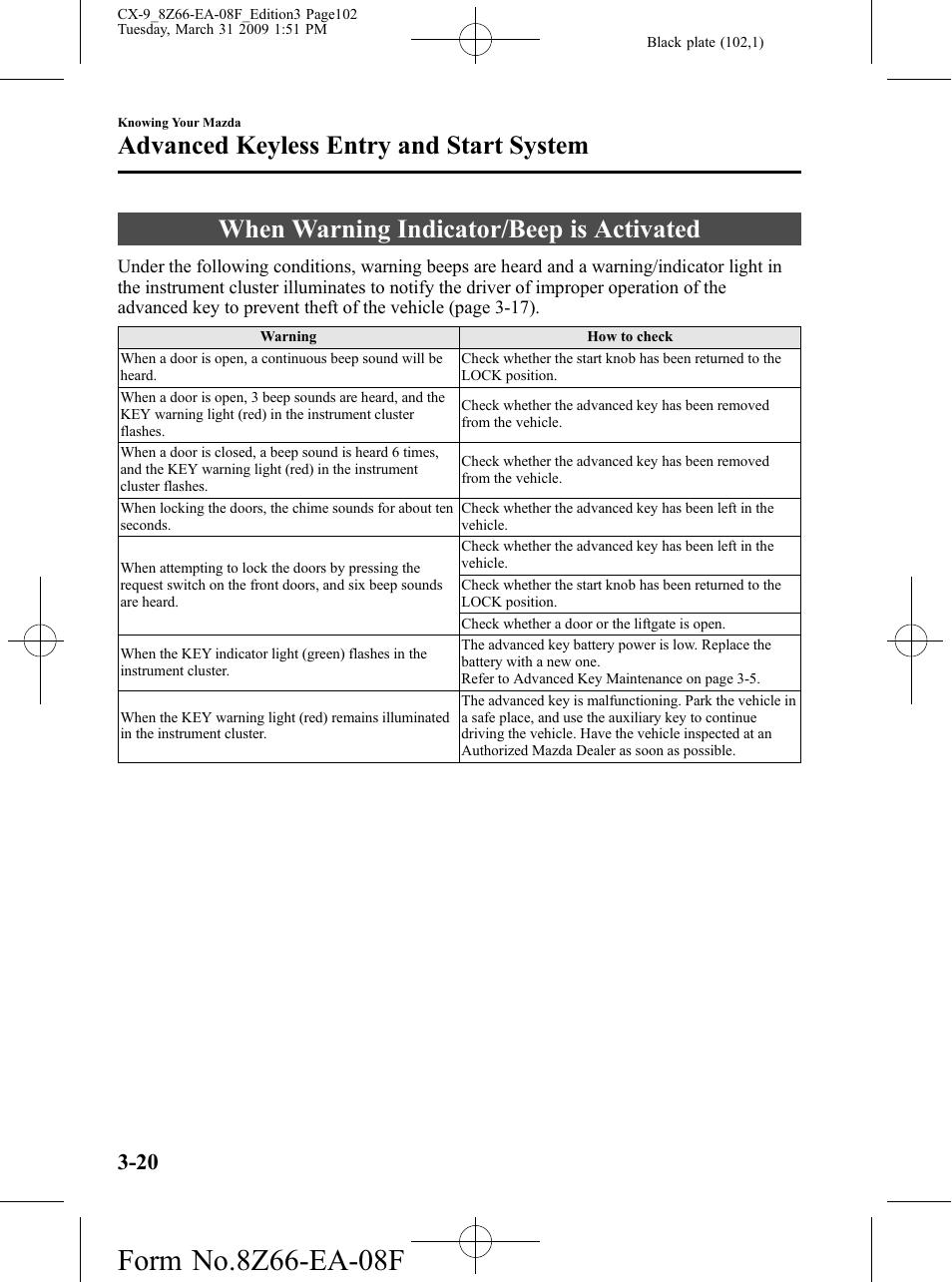 When warning indicator/beep is activated, When warning indicator/beep is activated -20, Advanced keyless entry and start system | Mazda 2009 CX-9 User Manual | Page 102 / 538