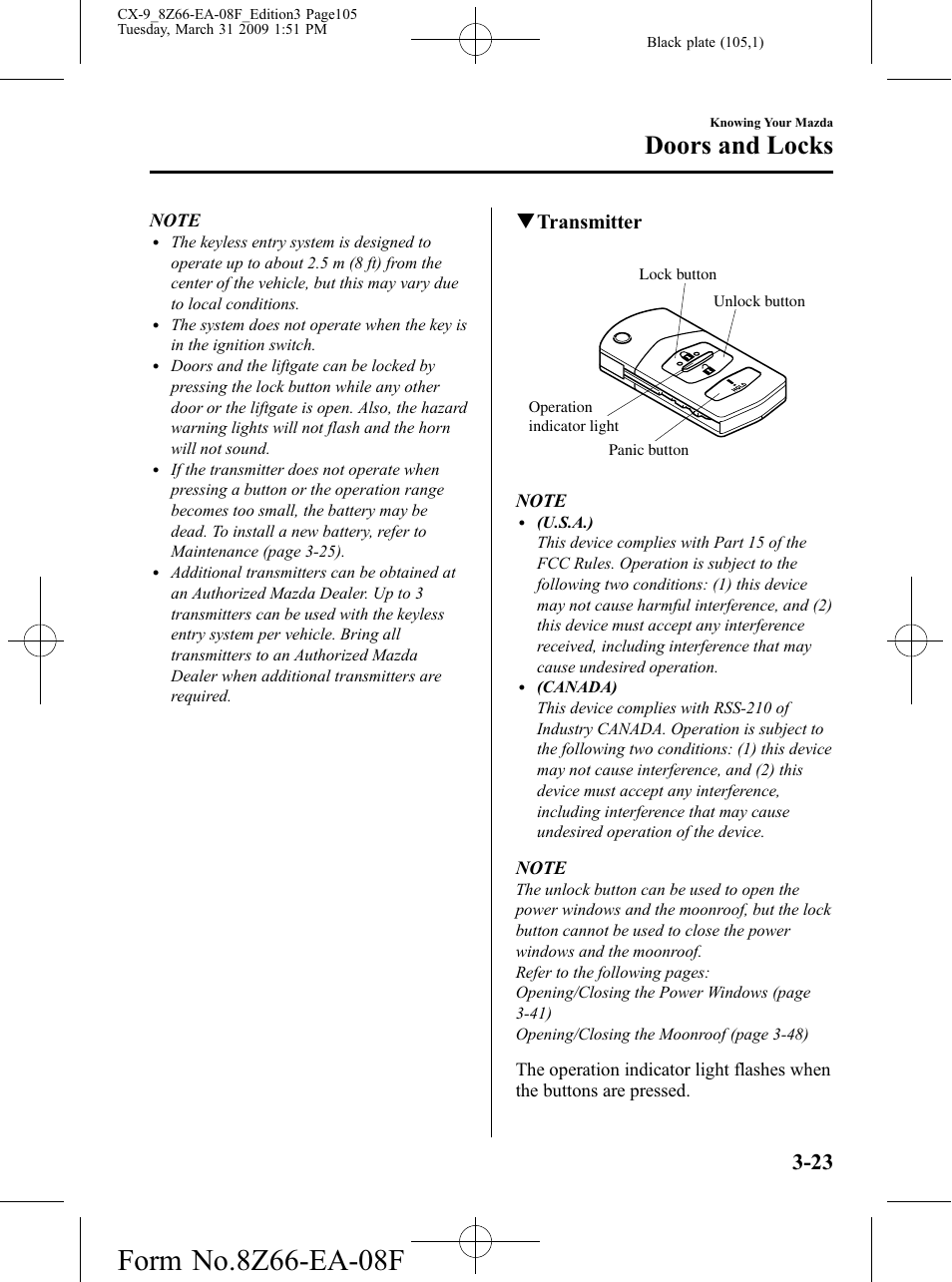 Doors and locks, Qtransmitter | Mazda 2009 CX-9 User Manual | Page 105 / 538