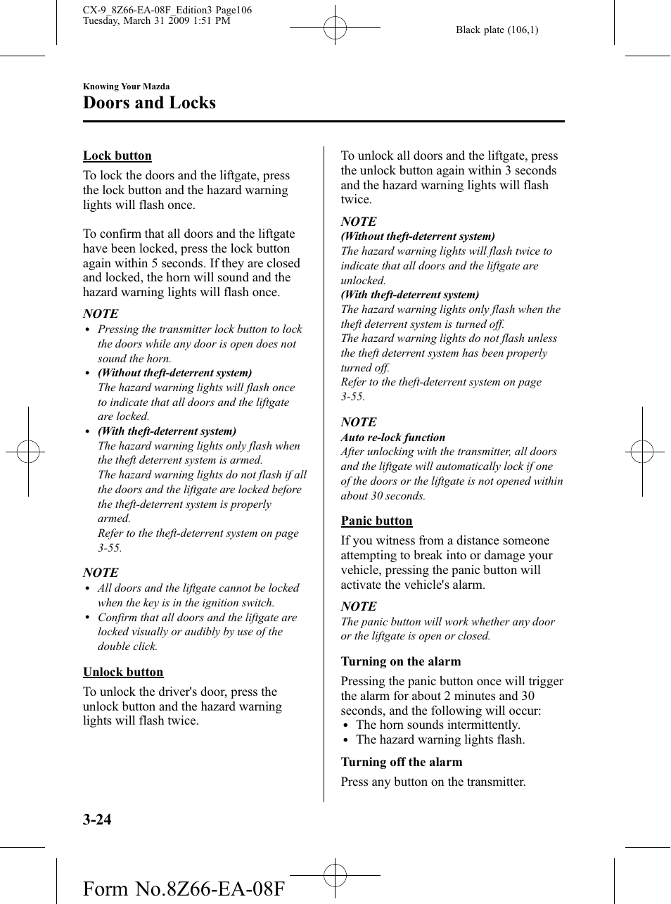 Doors and locks | Mazda 2009 CX-9 User Manual | Page 106 / 538