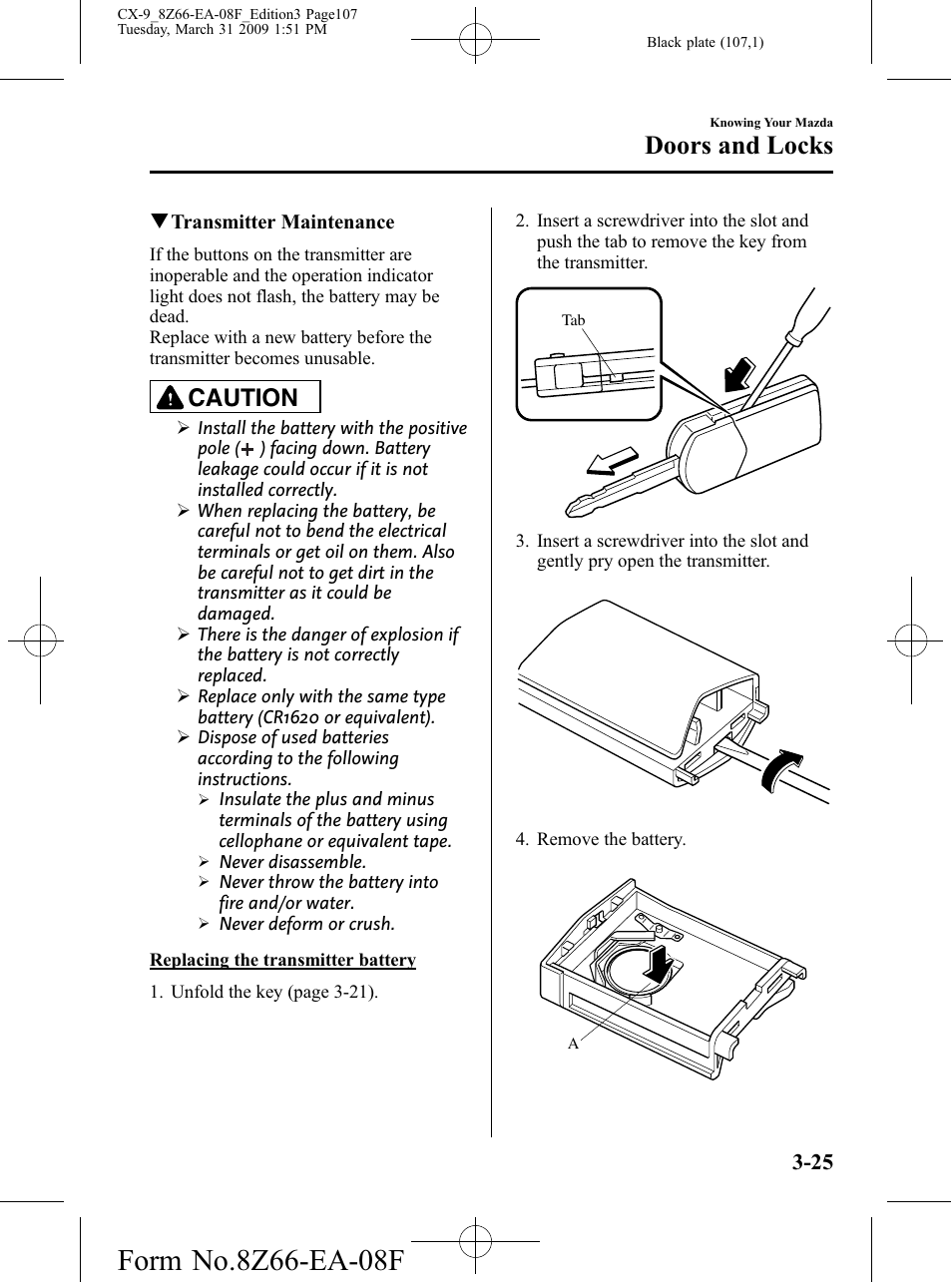 Doors and locks, Caution | Mazda 2009 CX-9 User Manual | Page 107 / 538