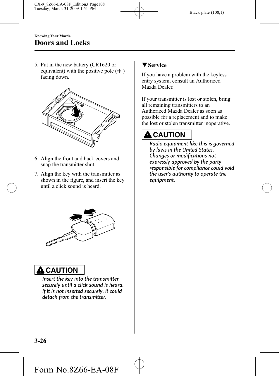 Doors and locks, Caution | Mazda 2009 CX-9 User Manual | Page 108 / 538