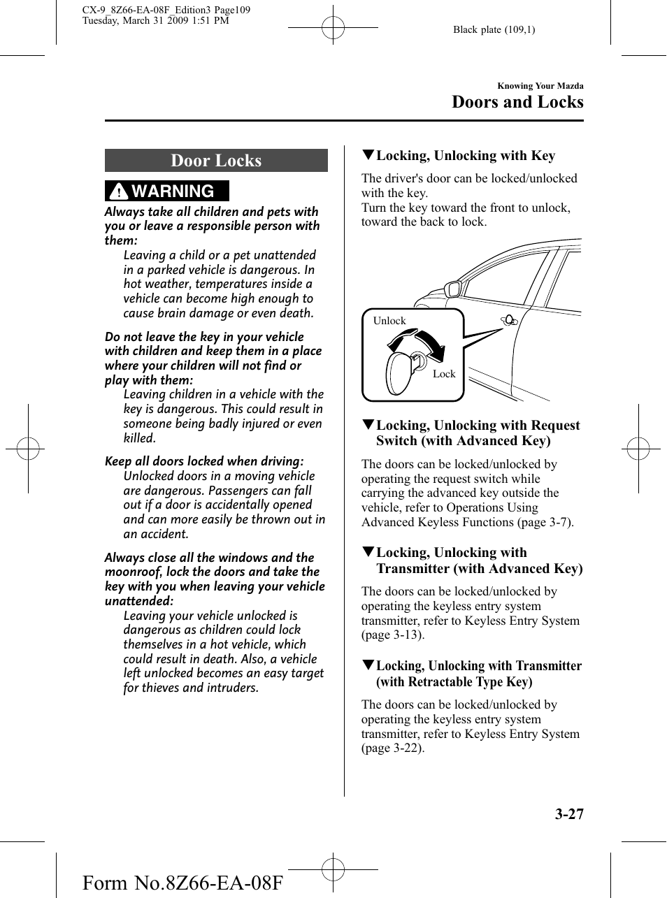 Door locks, Door locks -27, Doors and locks | Warning | Mazda 2009 CX-9 User Manual | Page 109 / 538