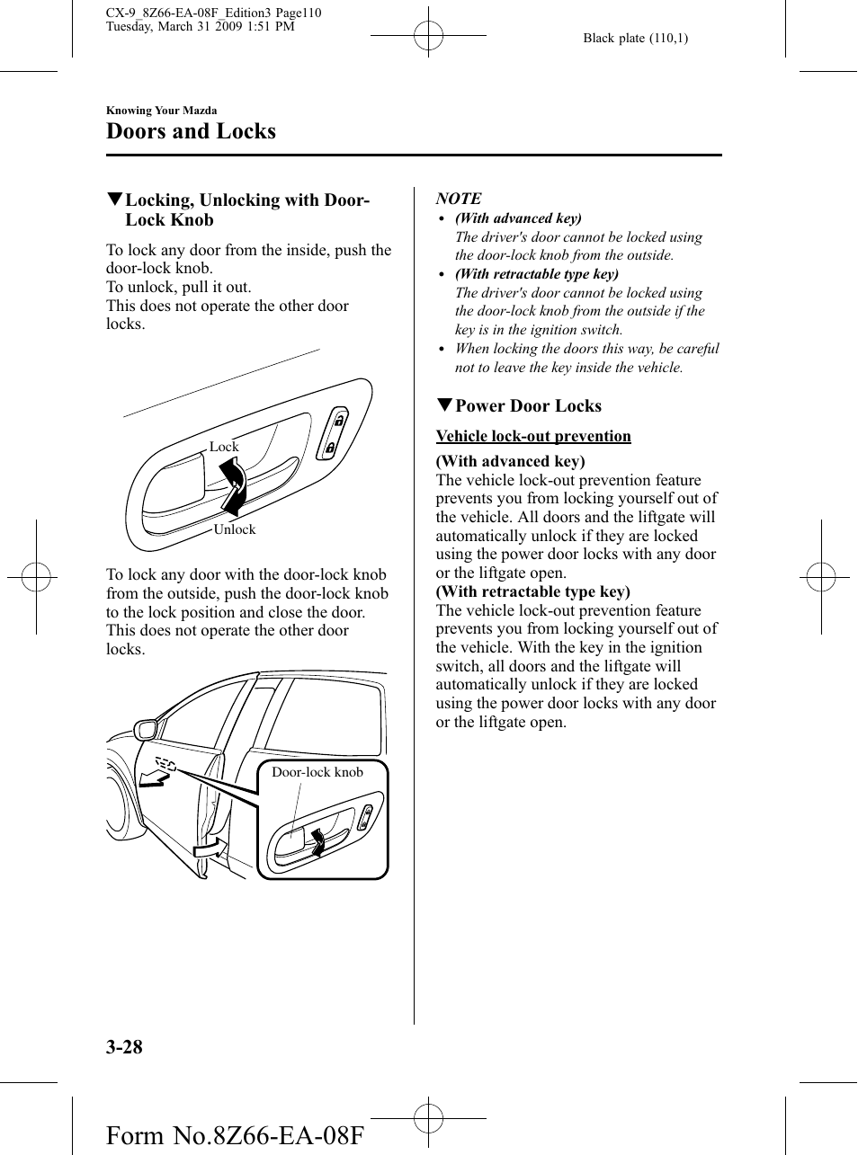Doors and locks | Mazda 2009 CX-9 User Manual | Page 110 / 538