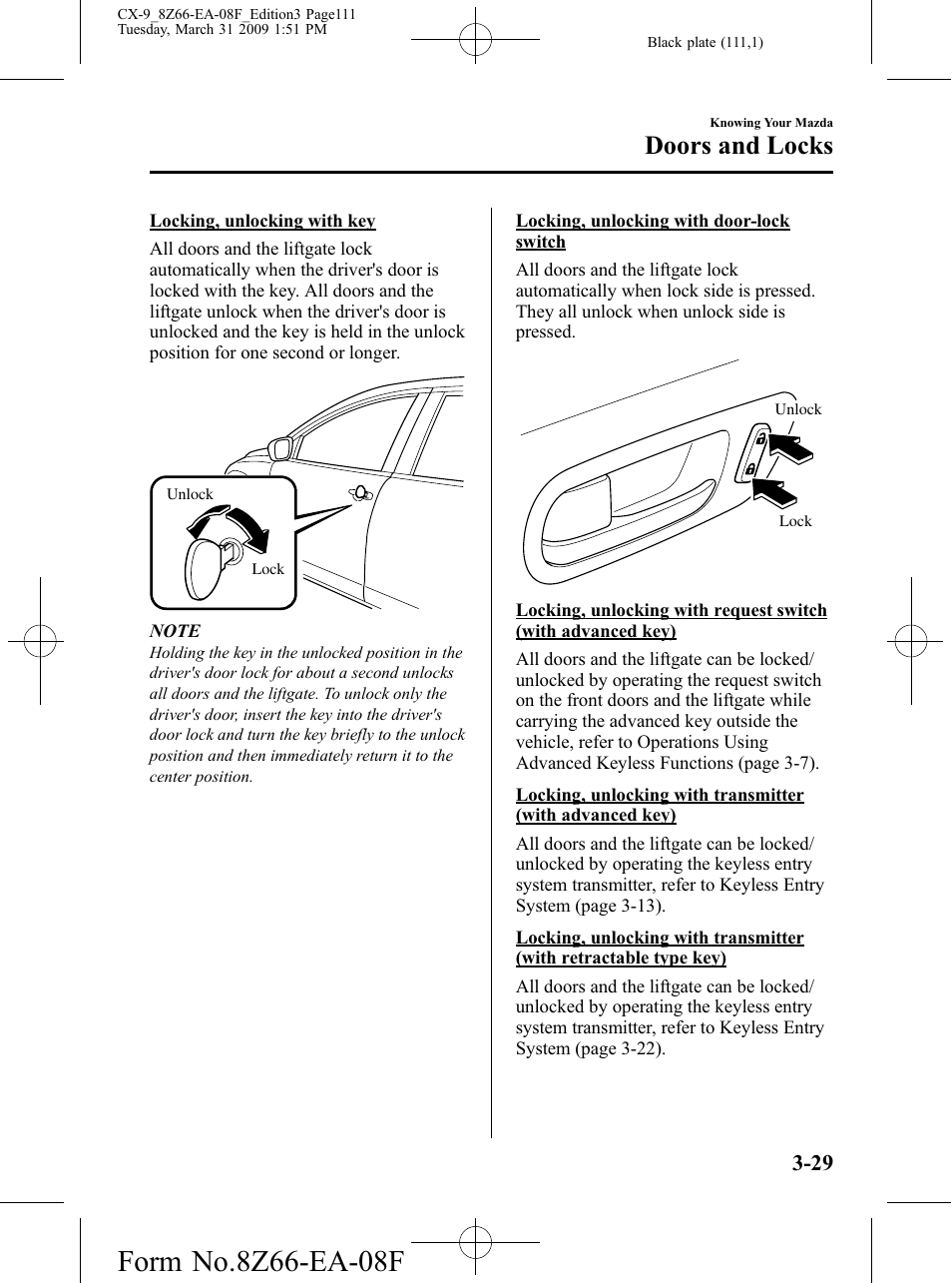 Doors and locks | Mazda 2009 CX-9 User Manual | Page 111 / 538