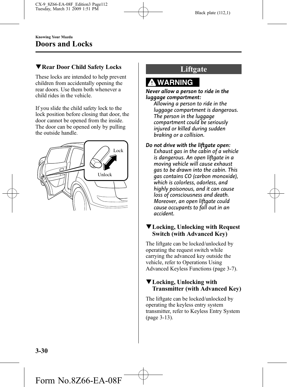 Liftgate, Liftgate -30, Doors and locks | Warning | Mazda 2009 CX-9 User Manual | Page 112 / 538