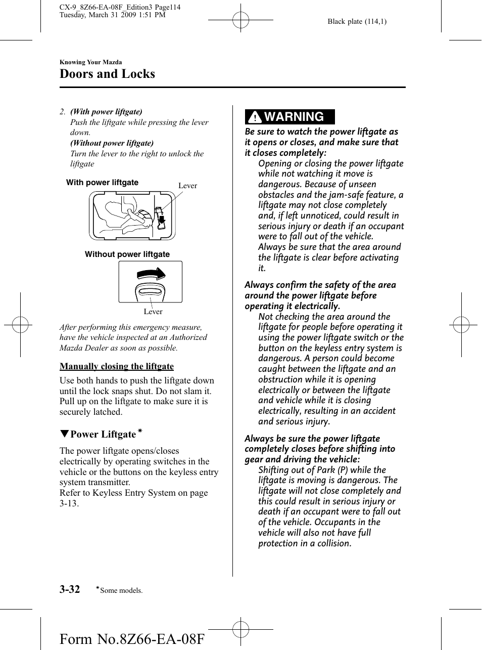 Doors and locks, Warning | Mazda 2009 CX-9 User Manual | Page 114 / 538